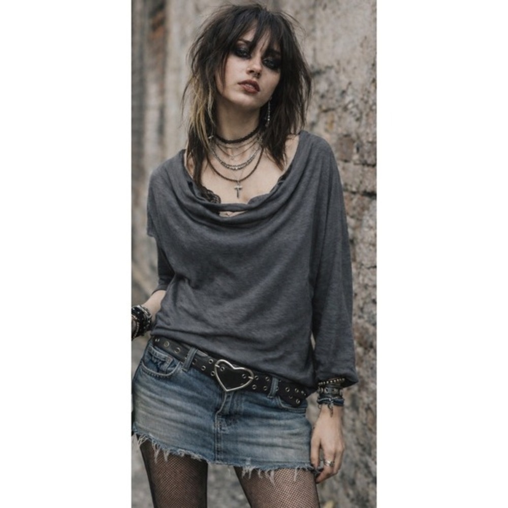 We The Free Top XL Oversized Relaxed Ribbed Drop Sleeve Asymmetrical Indy Sleeze